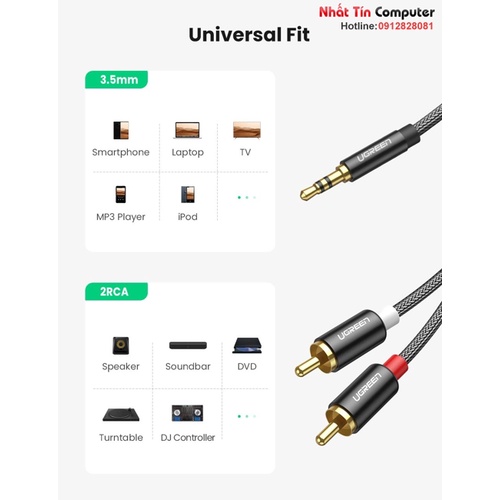 Cáp âm thanh Audio 3.5mm ra 2 RCA dài 1M bọc Nylon Ugreen 60240 cao cấp