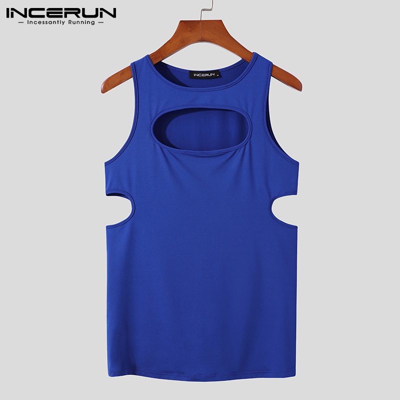 Áo ba lỗ INCERUN không tay dệt rỗng ôm dáng vừa vặn màu trơn cho nam