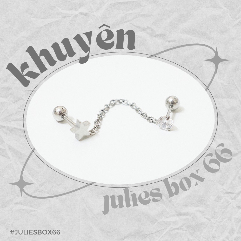 Khuyên Tai 2 Lỗ Xỏ 1 Đá Tròn 1 Ngôi Sao Dây Nối Đuôi Bi Dây Xích Không Đen Không Gỉ Sét Julies Box