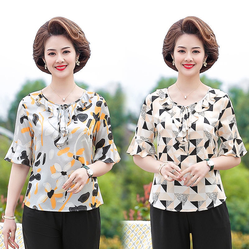 ✷♝✓Mẹ trung niên mùa hè áo sơ mi voan ngắn tay phù hợp với người phụ nữ và cao tuổi quần dài hai mảnh