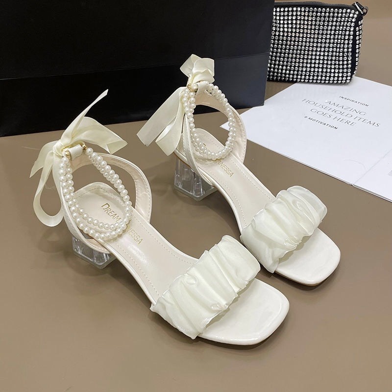 Giày cao gót nữ quai voan gót trong 5phân, sandal cao gót nữ quai ngọc cực sang chảnh