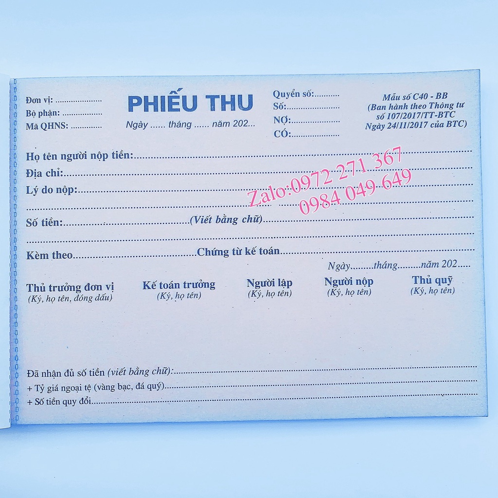 Phiếu thu, Phiếu chi A5 2 liên 60 tờ, 100 tờ