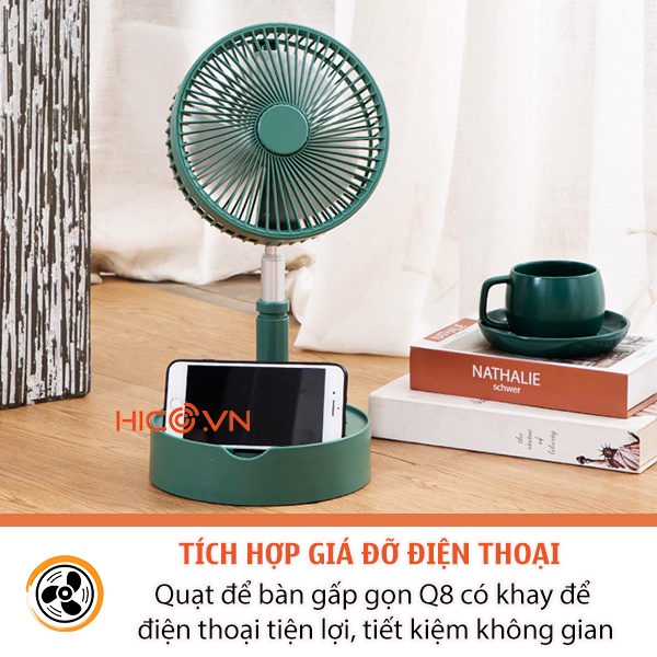 Quạt Sạc Tích Điện Để Bàn Q8 Khuếch Tán Nước Hoa , Tinh Dầu 3 Chế Độ Gió Linh Hoạt - Quạt Gấp Gọn Điều Chỉnh Chiều Cao
