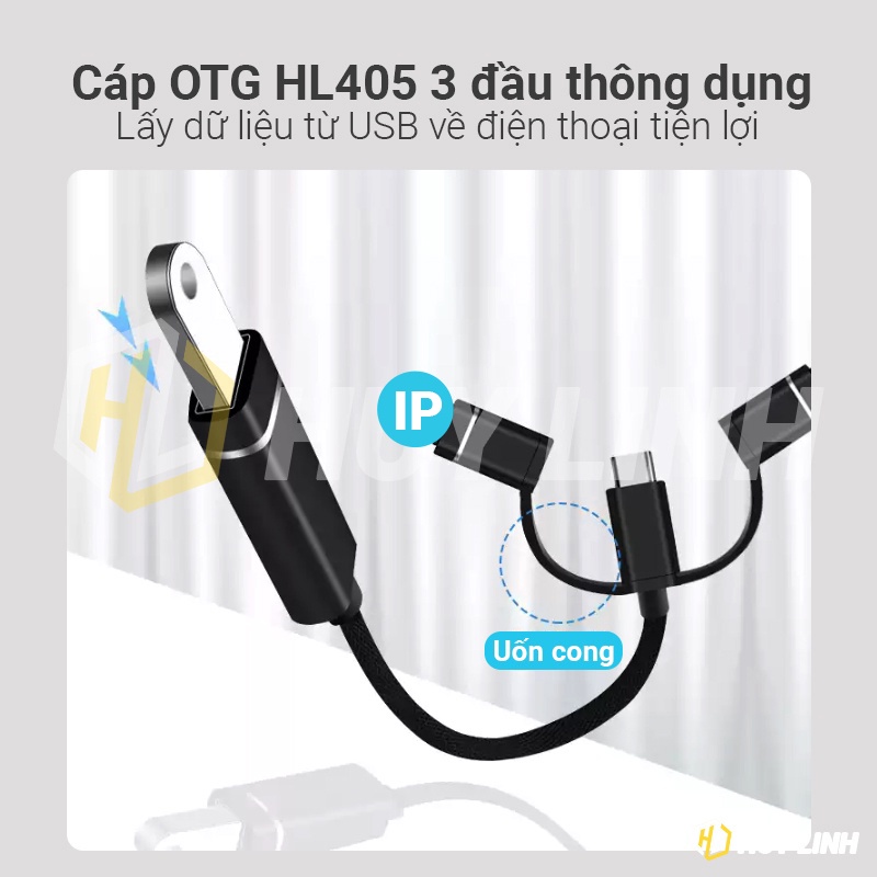 Cáp OTG Táo, Type-C và Micro ra USB 3.0 - Nhôm nguyên khối dài 18cm dây dù HL405