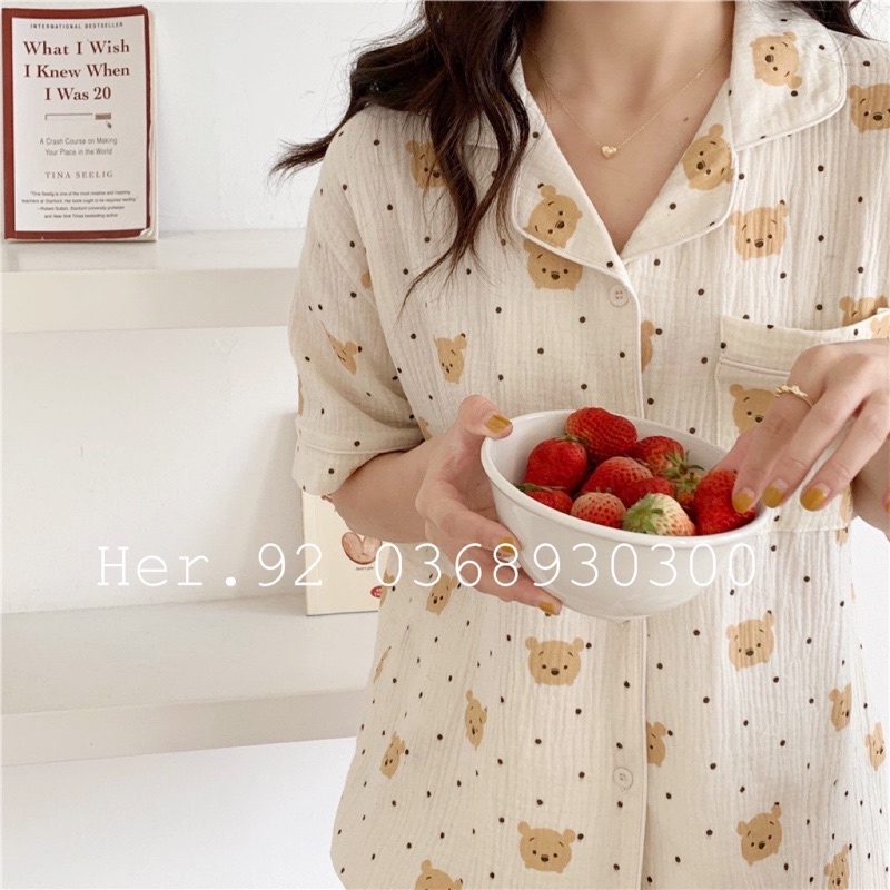 PIJAMA ĐŨI NỮ  - Bộ Cộc Quần Đùi Chất Đũi Thoáng Mát Màu Họa Tiết Gấu Pu, Đồ Mặc Nhà