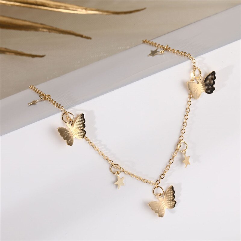 Vòng cổ choker mắt xích xi mạ vàng phối mặt bướm và ngôi sao thời trang cho nữ