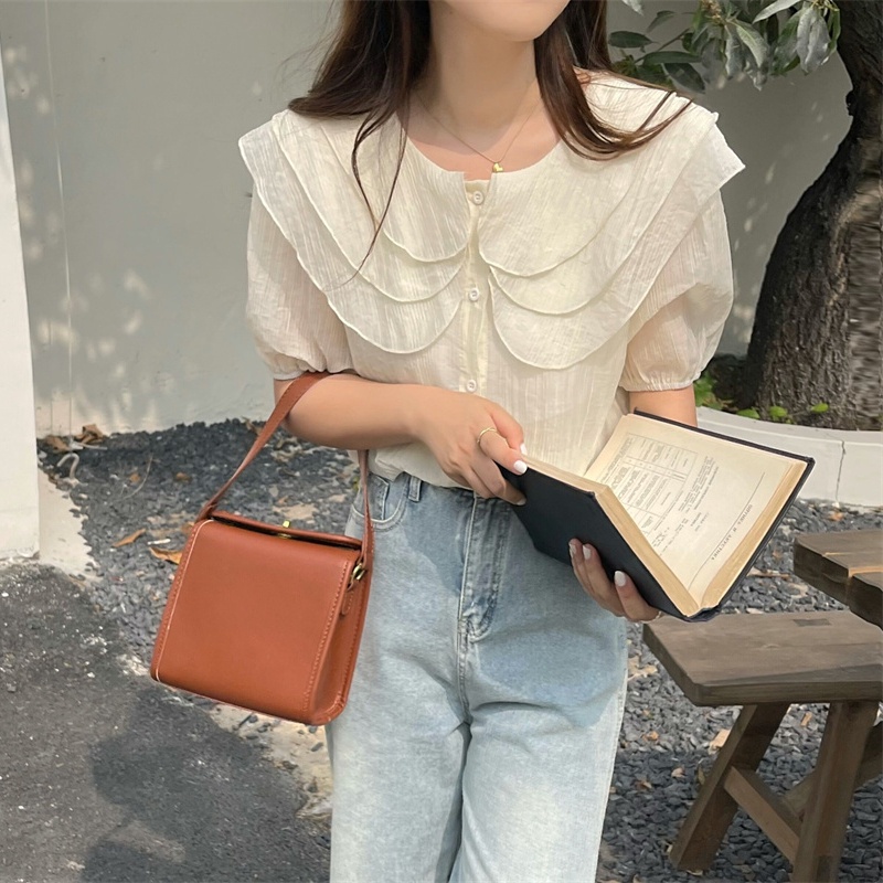 Summer sweet ruffled doll collar light green shirt Korean style loose short-sleeved top