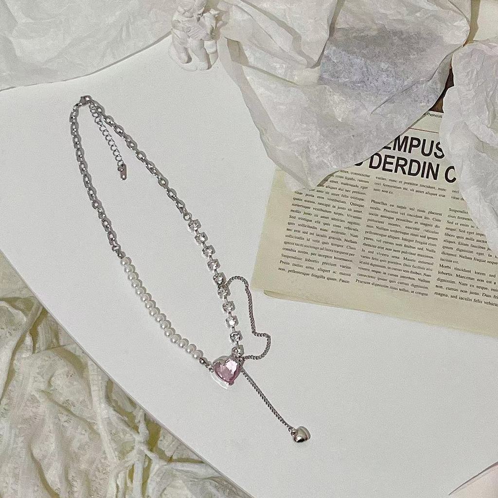 Vòng cổ Mặt Trái Tim Đính Đá zircon Hồng Thời Trang Cho Nữ