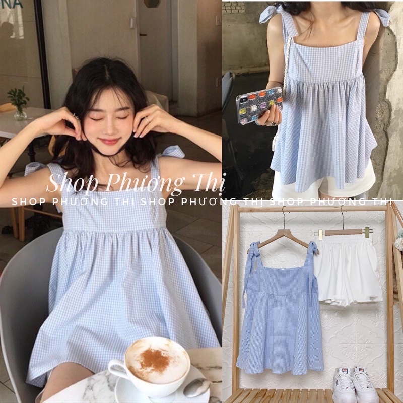 SET ÁO HAI DÂY KẺ XANH BABYDOLL KÈM QUẦN SOOC - Sét bộ ulzzang (hàng sẵn)