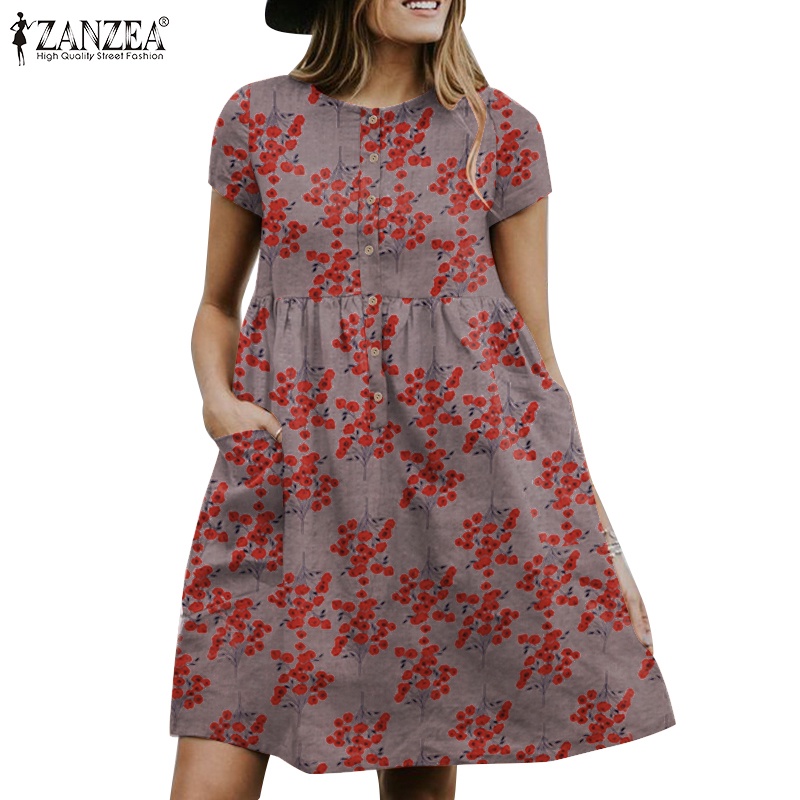 ZANZEA Đầm Tay Ngắn Cổ Tròn In Họa Tiết Hoa Phong Cách Bohemian Cổ Điển Thời Trang