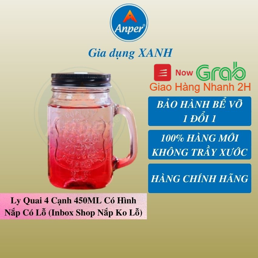 Ly Thủy Tinh Anper 450ml Có Hình Đẹp Cao Cấp Sang Trọng Cốc 4 Cạnh Dễ Thương Có Quai Có Nắp Ly Sinh Tố Đẹp