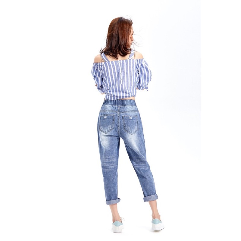 Quần jean baggy big size nữ lưng thun màu xanh nhạt size đại 75-115kg