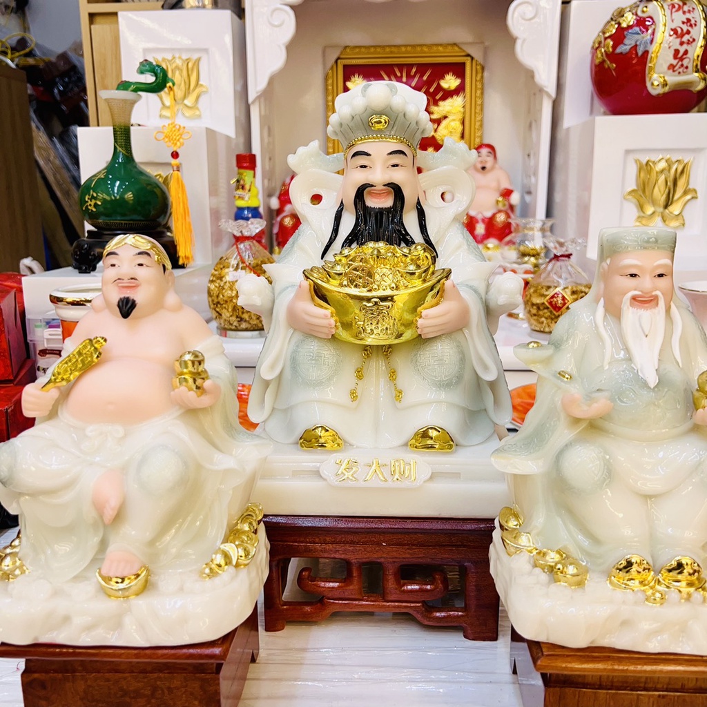 Tượng quan thần lộc, thần tài, thổ địa thờ cúng phong thủy, Thần tiền, tài địa đá trắng vân xanh cao