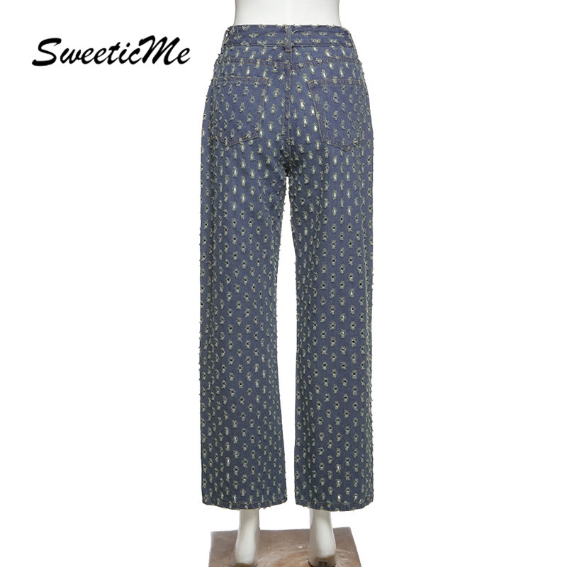 Quần Jeans Nữ Lưng Cao Ống Rộng Rách Gối Cá Tính Thiết Kế Mới