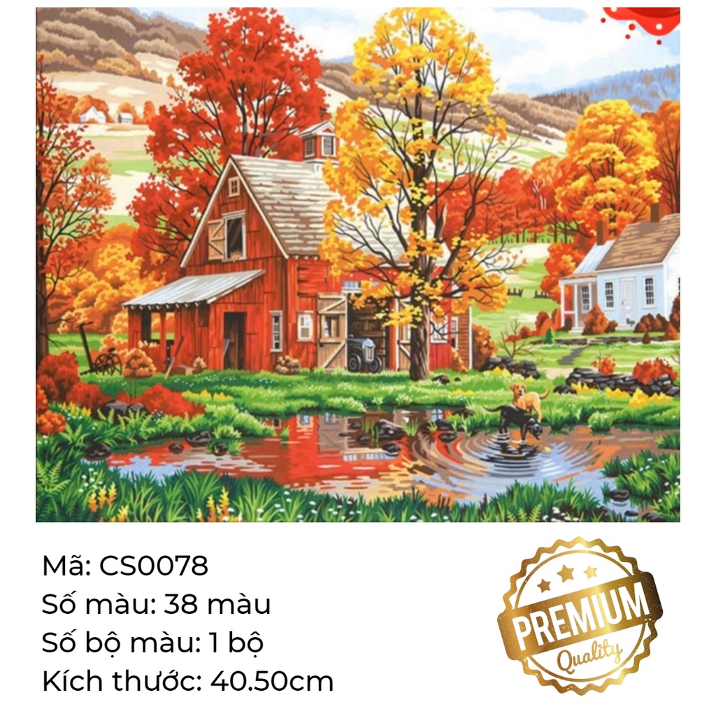 Tranh tô màu số hóa cảnh sắc nhà gỗ đỏ- CS0078-Tranh in chìm cao cấp- Boodoor Tranh Sơn Dầu