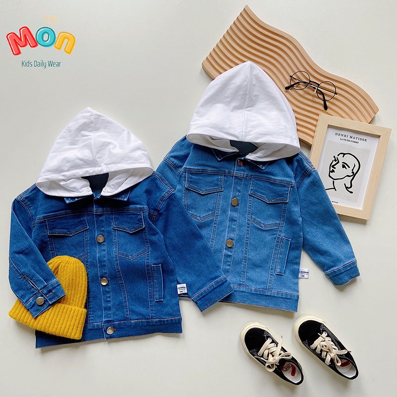 Áo khoác có mũ chất jeans bò mềm cho bé trai Áo khoác mùa đông trẻ em giữ ấm