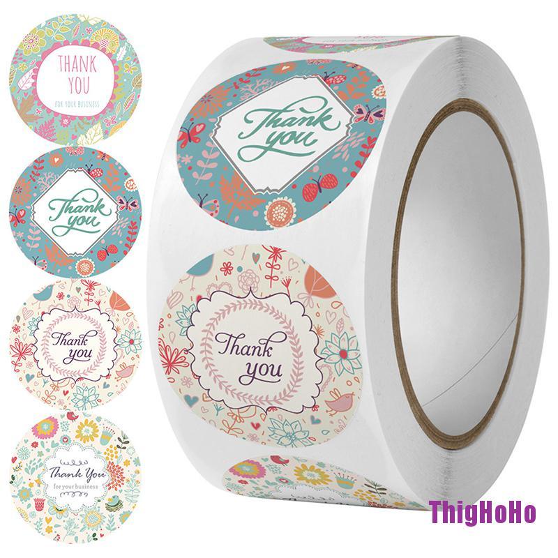 Cuộn 500 miếng dán hình tròn họa tiết hoạt hình và chữ Thank You tùy chọn dùng trang trí