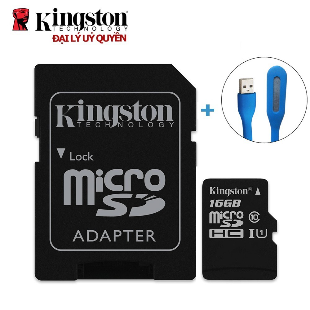 Thẻ nhớ micro SDHC Kingston 16GB class 10 kèm Adapter tặng đèn Led USB- Hãng phân phối chính thức