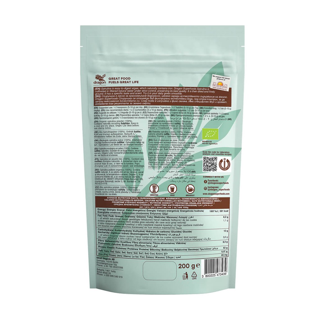 Bột tảo xoắn spirulina Dragon Superfoods 200g