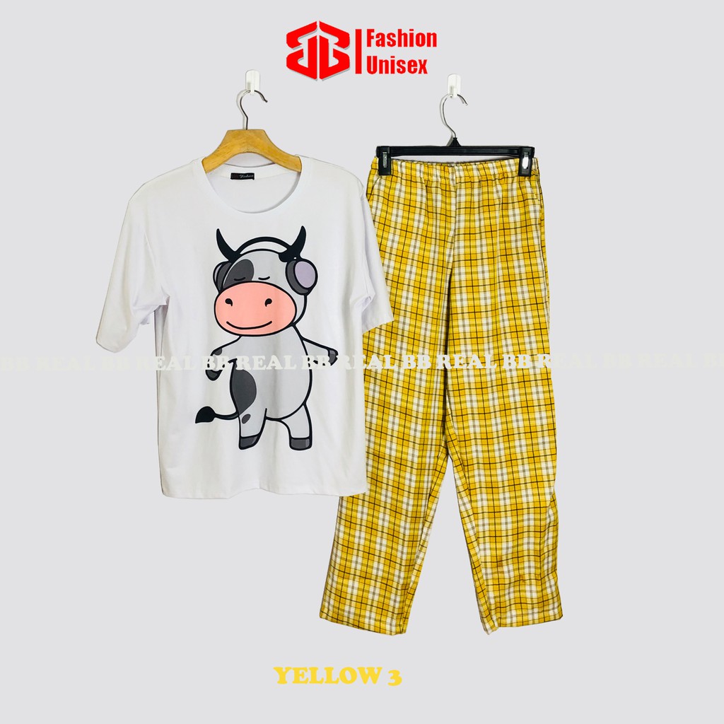 SET ĐỒ BỘ NỮ CARO - (Nhiều Mẫu) QUẦN VÀNG From Ống Rộng Unisex , THOÁNG MÁT, Freesize DƯỚI 55KG - BB REAL