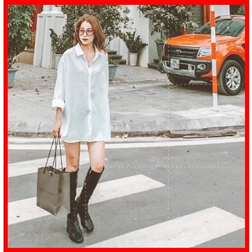 Áo sơ mi trắng nữ form rộng H&T vạt đuôi tôm, Sơ mi kiểu nữ dài tay form rộng