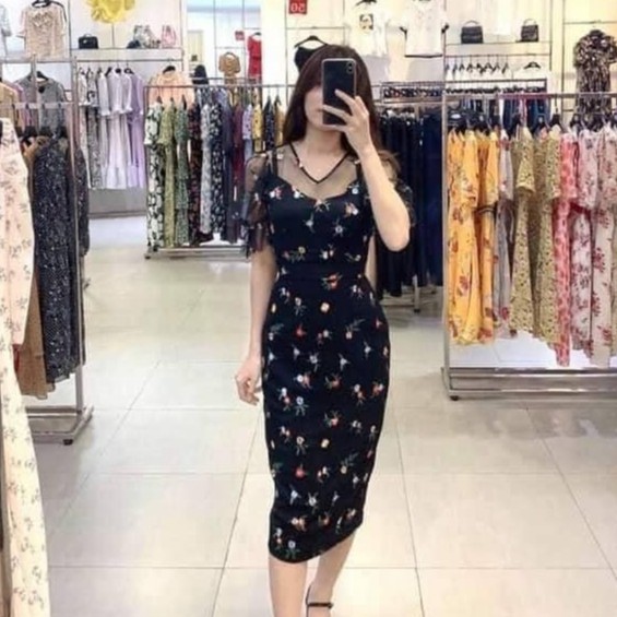 Đầm ôm cổ tim Emspo phối lưới nữ tính chun tay và đính nơ đai eo rời DM3998