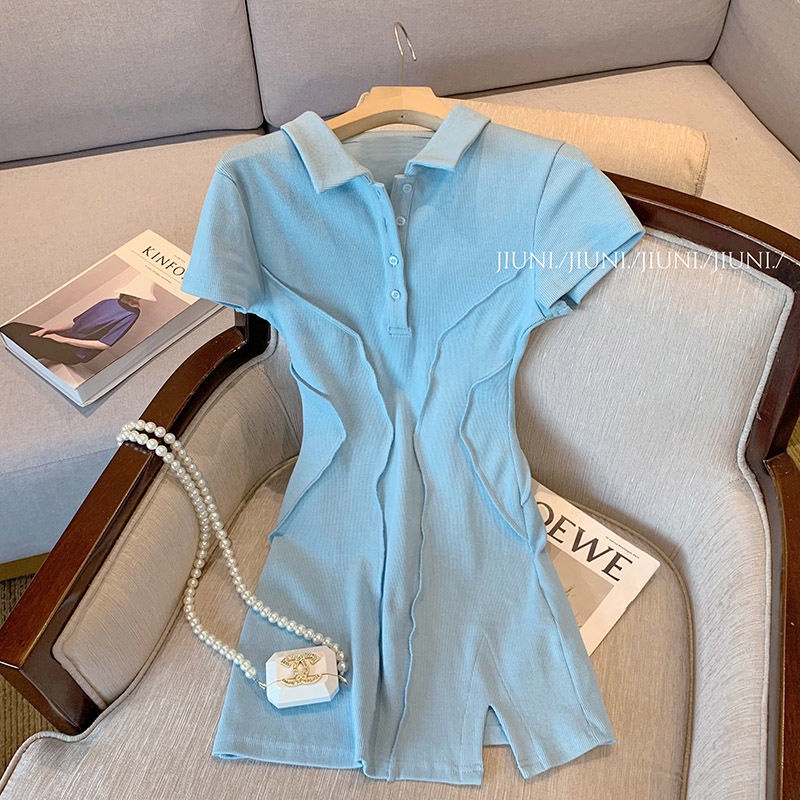 Đầm Ngắn Ôm Dáng Cổ Polo Màu Xanh Dương Phong Cách Mới Mùa Hè Cho Nữ