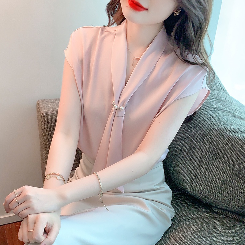 Áo Sơ Mi Chiffon Tay Ngắn Cổ Chữ V Đính Ngọc Trai Phối Ruy Băng Thời Trang Mùa Hè Cho Nữ