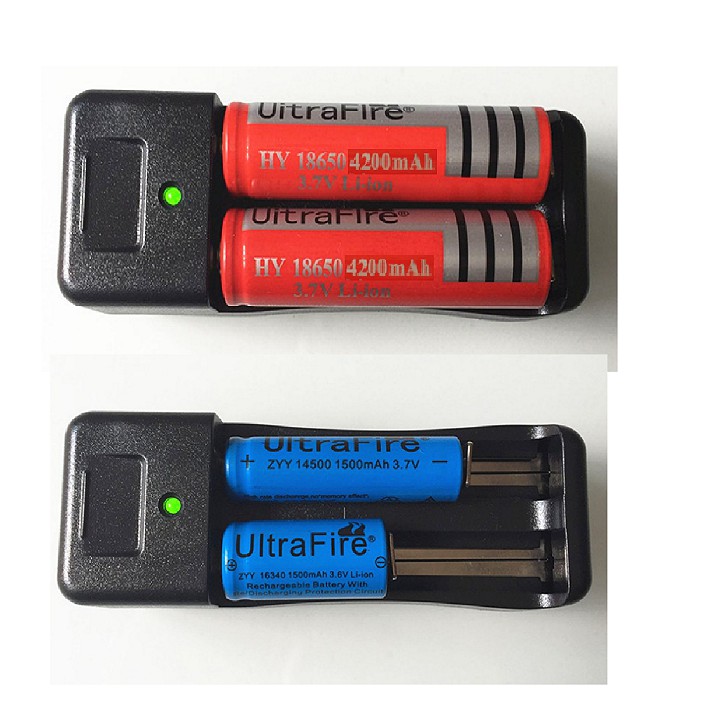 Combo sạc đôi kèm 2 pin 3.7V dùng cho đèn pin quạt mini dung lượng 4200mAh