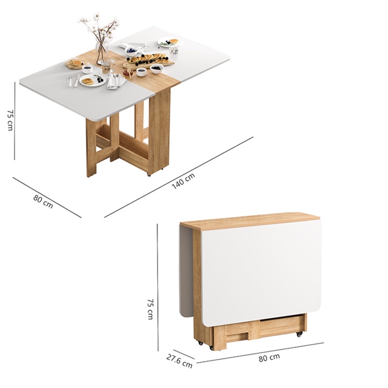 Bàn Ăn Thông Minh Có Bánh Xe , Bàn Ăn Gấp Gọn GP97.41 Trắng - Vân Gỗ
