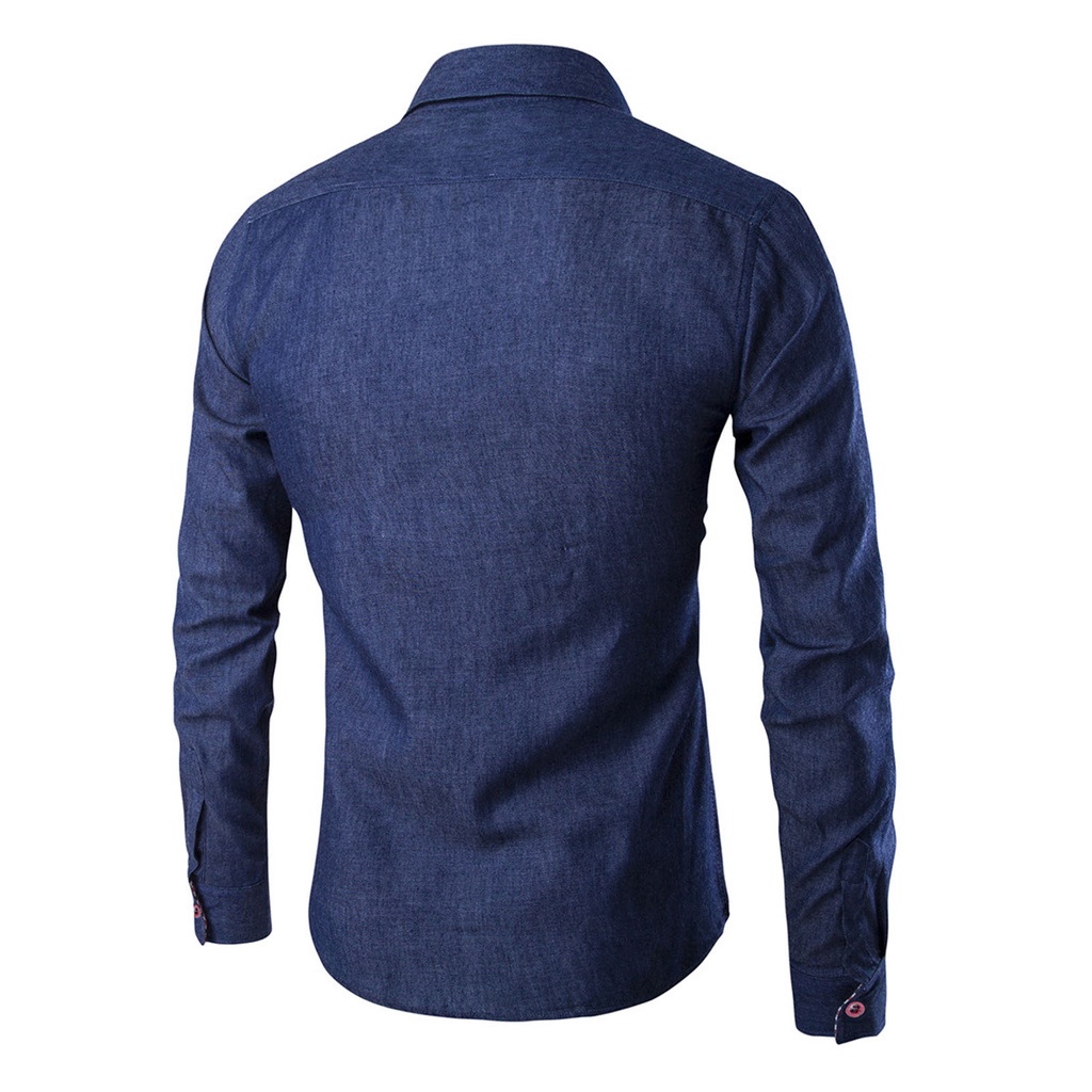 Áo Sơ Mi Jean Ôm Dáng Ghép Vải Một Hàng Nút Màu Trơn Thời Trang Xuân Thu Cho Nam Văn Phòng