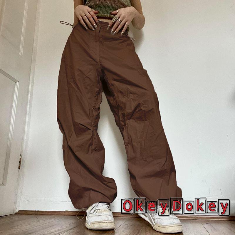 Quần Dài Lưng Cao Ống Rộng Dây Rút Phối Túi Y2K Phong Cách Vintage Cho Nữ