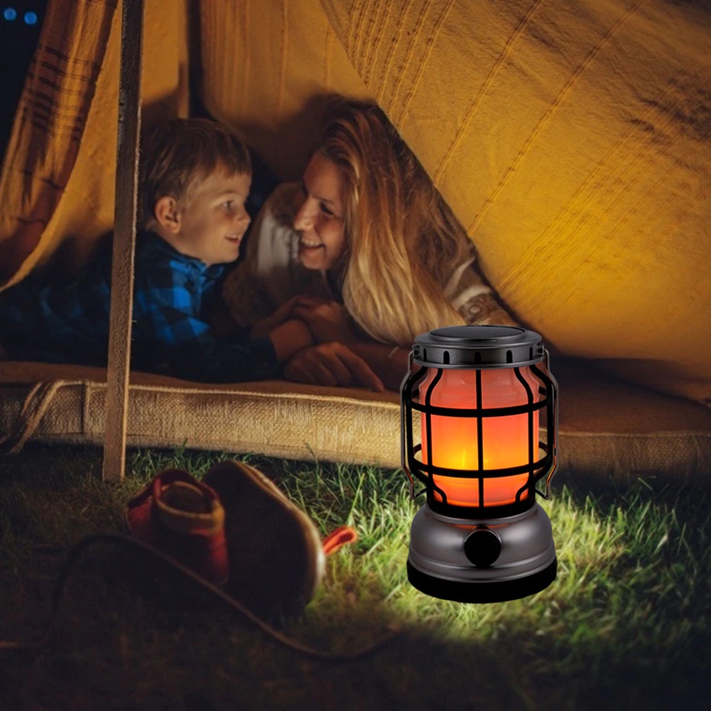 Đèn cắm trại 2 chế độ sáng trắng và giả lập ngọn lửa, đèn dã ngoại cổ điển, sạt năng lượng mặt trời & tích điện