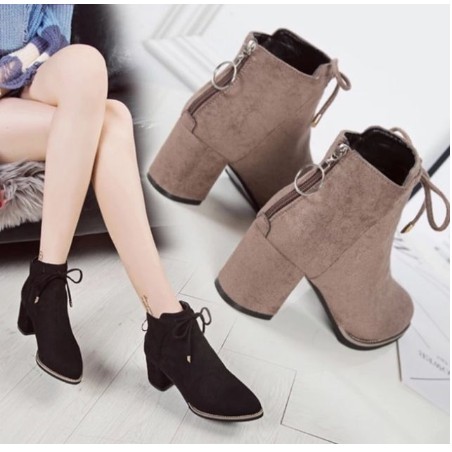 Giầy Bốt Nữ 5 phân da lộn móc khóa sau phối nơ trước siêu xinh (B12)