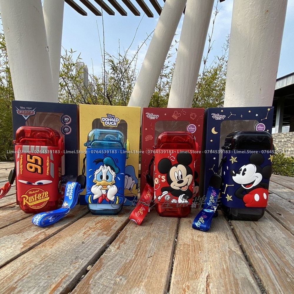 Bình nước ống hút nhựa tritan dáng chữ nhật 3D Disney Frozen Mickey Minnie Car95 280ml cho trẻ em 4443