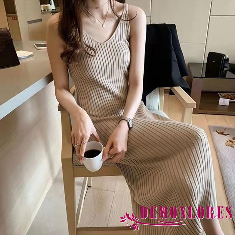 Đầm Midi Dệt Kim Hai Dây Cổ Chữ V Màu Sắc Đơn Giản Thời Trang Cho Nữ