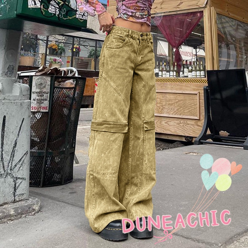 DUNEA Quần Denim Ống Rộng Phối Túi Phong Cách Vintage Cho Nữ