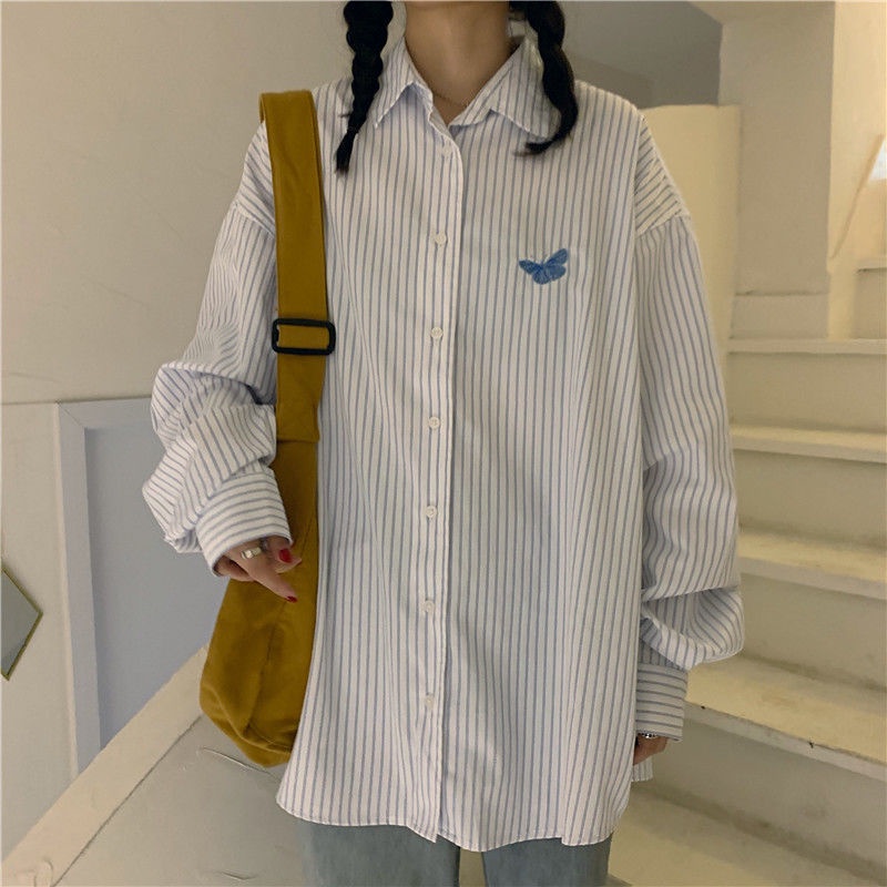 IELGY Áo sơ mi nữ dáng rộng tay dài cổ polo kẻ sọc họa tiết thêu thời trang Hàn Quốc