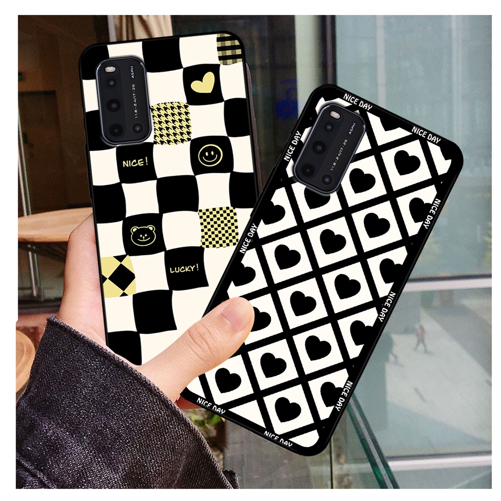 Ốp lưng Vivo V19 in hoạ tiết caro trái tim đen trắng, gấu bear cute đáng yêu