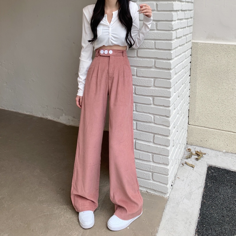 QADCOL Quần Nhung Dài Ống Rộng Lưng Cao Màu Sắc Đơn Giản Thời Trang Hàn Quốc