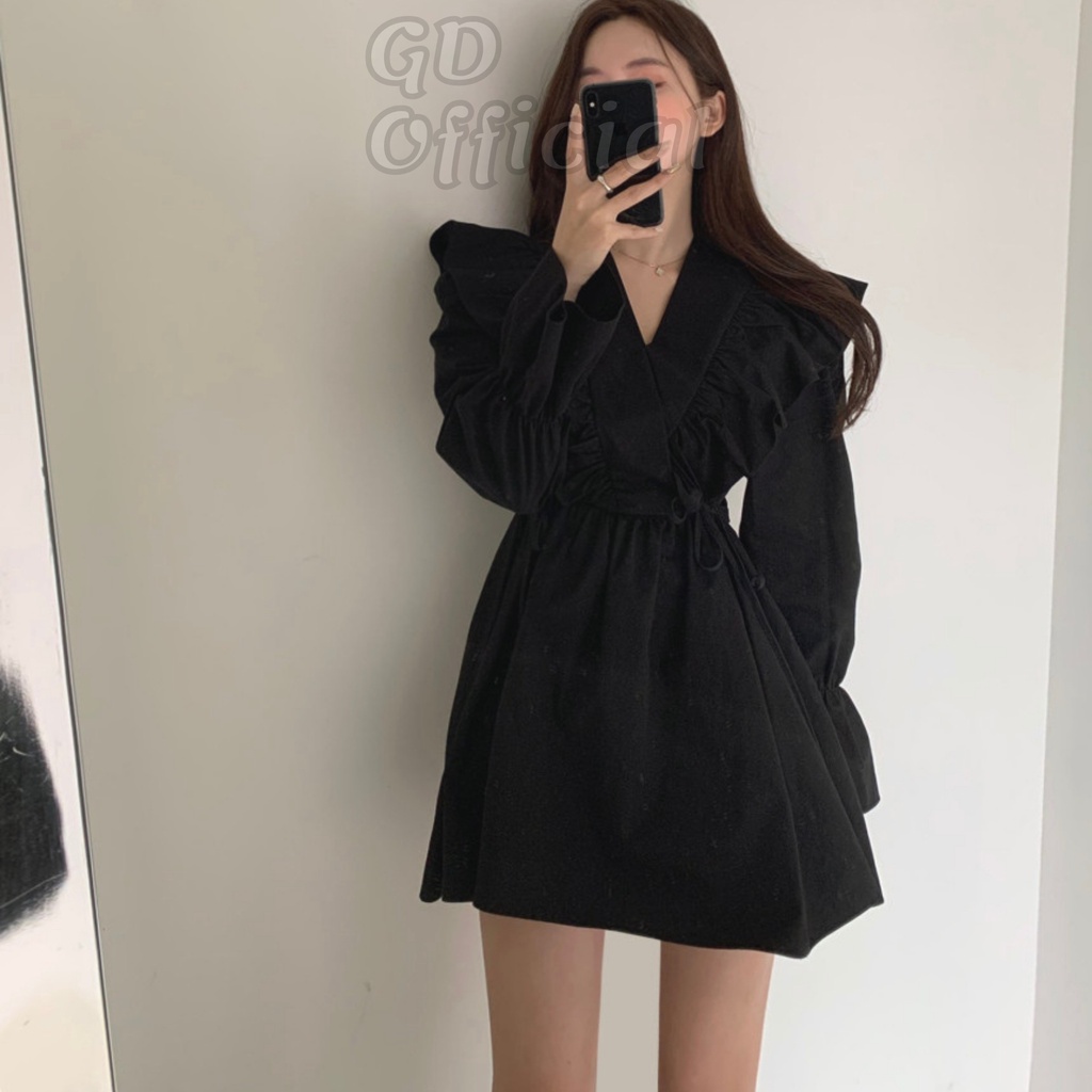 D8|Đầm nữ ngắn thanh lịch, kiểu dáng retro, đơn giản cho nữ chất cotton mềm mại tay phồng nâu, trắng, đen GD Official