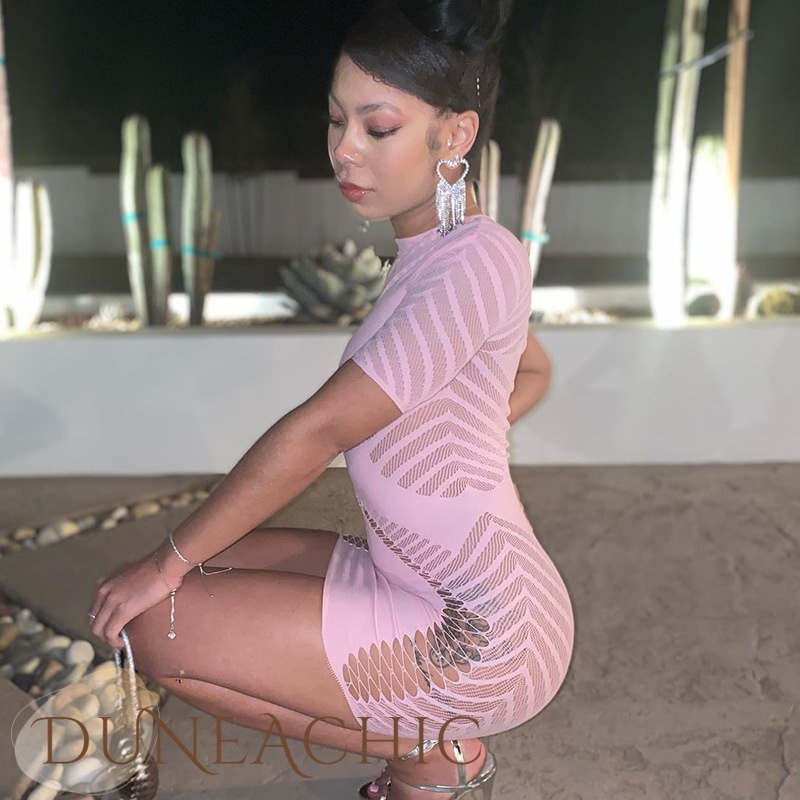 DUNEA Đầm Tay Ngắn Cổ Tròn Phối Lưới Quyến Rũ Thời Trang Dành Cho Nữ