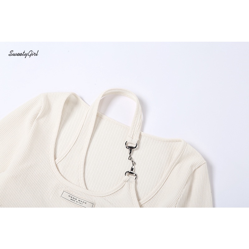 Áo Croptop Dài Tay Hai Mảnh Ôm Dáng Màu Sắc Đơn Giản Dành Cho Nữ