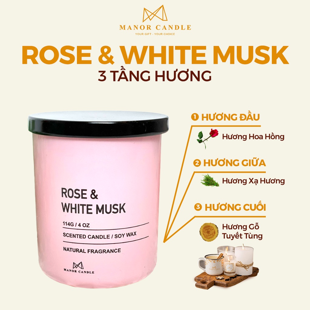 Nến Thơm Cao Cấp Rose & White Musk Size 4 OZ Hương Thơm Mềm Mại Lãng Mạn - Chính Hãng Manor Candle