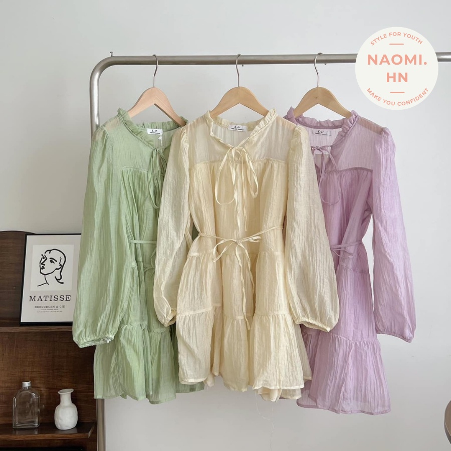 Váy babydoll dài tay chất tơ 2 lớp phối dây đai thắt eo phong cách tiểu thư. Váy cổ V dài tay phối nơ sang chảnh