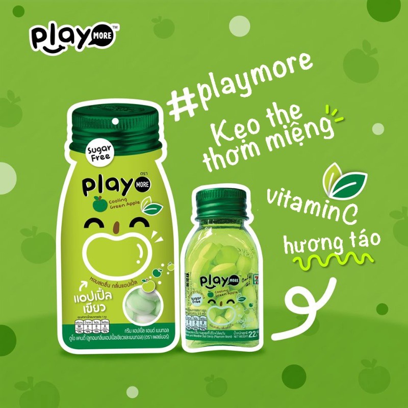 Kẹo The Không Đường Hương Táo PLAY MORE Cooling Green Apple (Lọ 22g xanh lá)