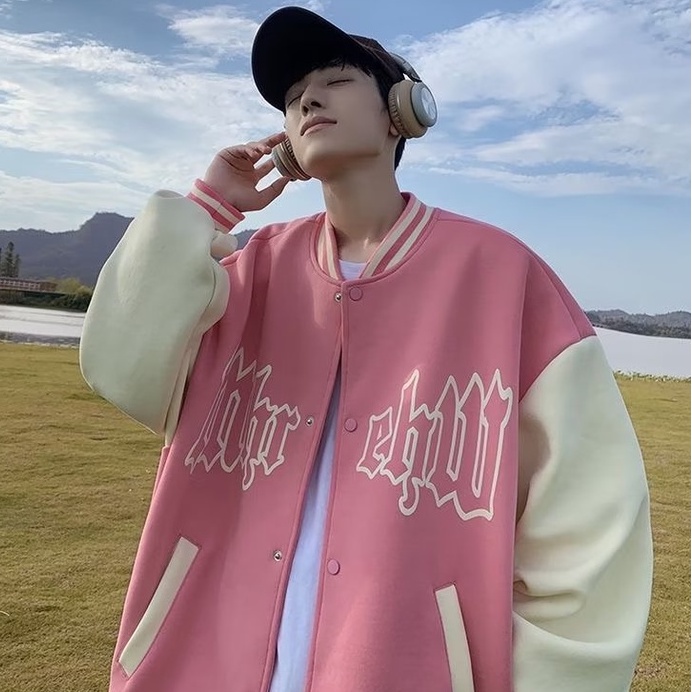 Áo Khoác Bóng Chày Dáng Rộng Màu Xanh Lá Cho Nam