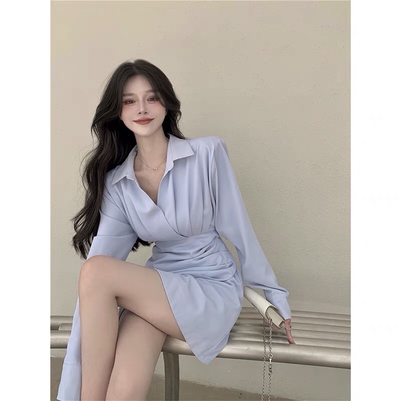 ĐẦM SƠ MI XANH VẠT CHÉO BÁNH BÈO