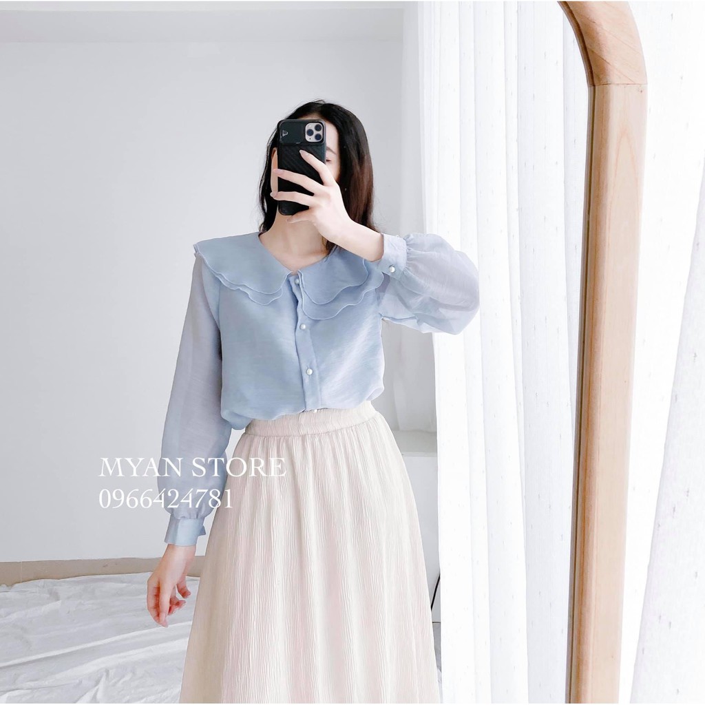 Áo sơ mi dài tay cúc ngọc tơ xước cổ sen nằm 2 lá hàng 2 lớp - áo sơ mi công sở nữ - HÀNG MỚI VỀ