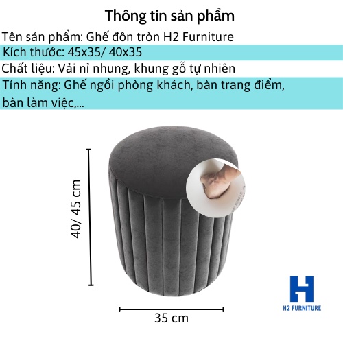 Ghế đôn tròn H2 Furniture nỉ nhung, ghế bàn trang điểm sofa, ghế đôn decor phòng ngủ, ban công, tiệm nail spa